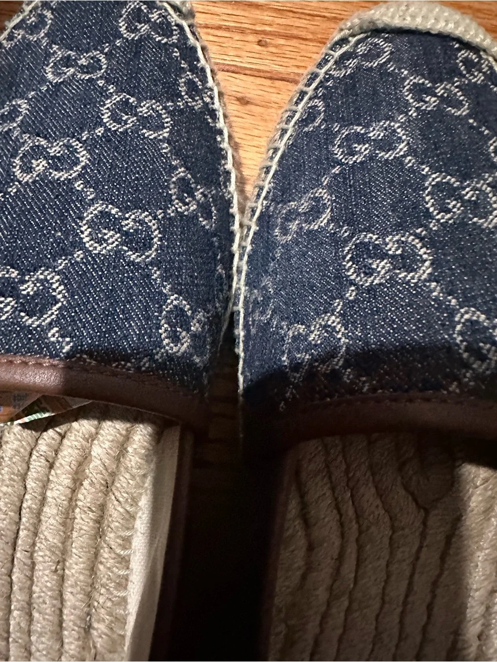 Gucci Blue Denim Monogram Espadrille Loafers with Brown Trim